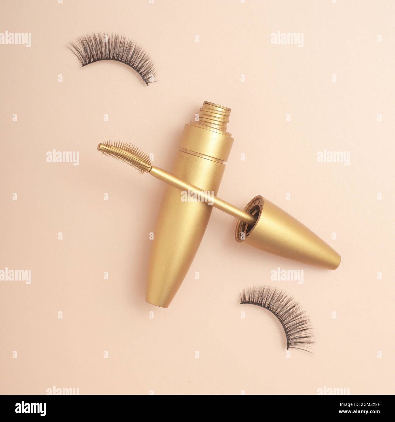 Mascara for eyelashes. Creative advertising photography. Aesthetics and minimalism. Layout top view. Flat lay Stock Photo