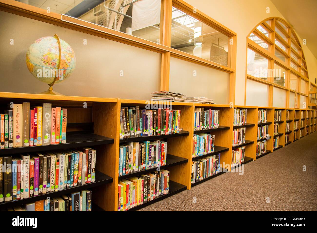 Shelves of colorful books in a school library with a globe sitting on