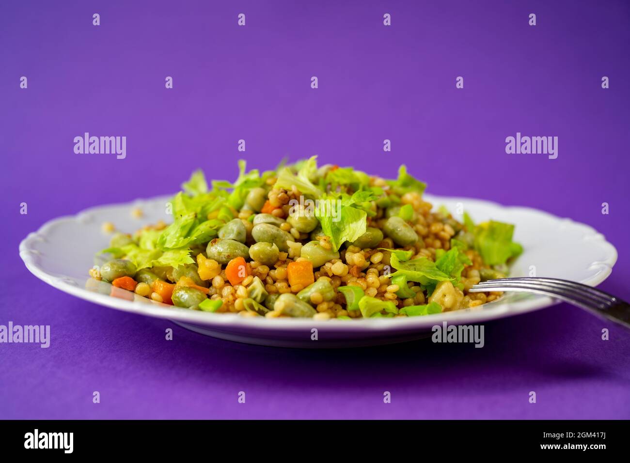 Fresh vegetarian meal from broad bean, lentil, carrot and celery shoot on white plate with fork on purple background, closeup. Stock Photo