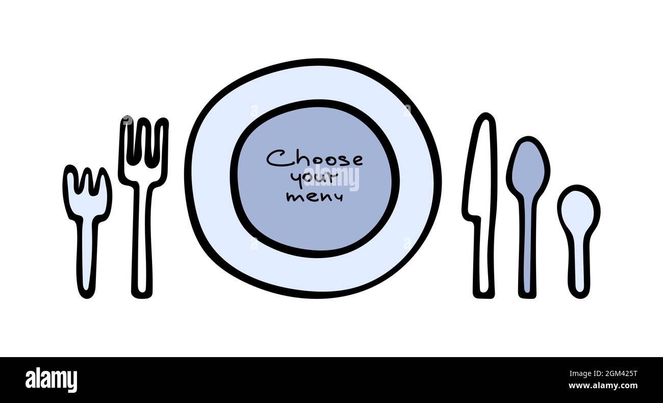 Set of cutlery and plates in doodle style. Plate, forks, knives and