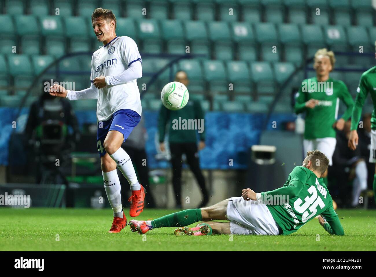 Gent's Alessio Castro Montes and Flora's Markus Poom fight for the ball during a soccer game between Estonian FC Flora Tallinn and Belgian KAA Gent, T Stock Photo