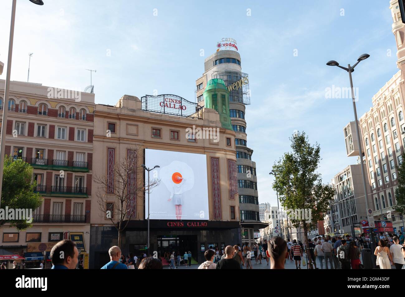 Madrid, Spain; 5th September: Cinemas Callao in the Plaza de Callao in the middle of the afternoon with people walking. In the middle of the COVID inc Stock Photo