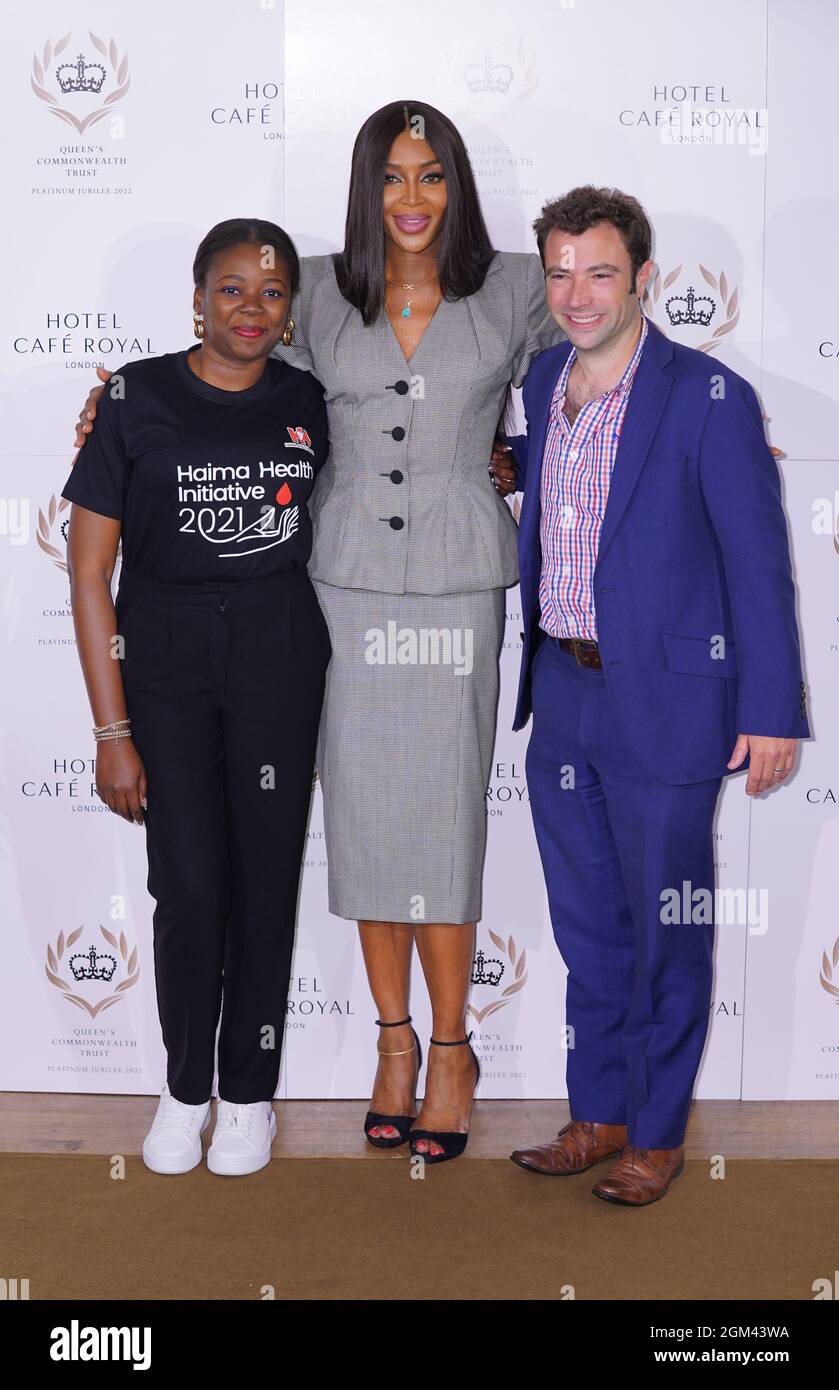 Supermodel Naomi Campbell, with Queen's Commonwealth Trust (QCT) Young Leader Bukkky Bolarinwa and QCT CEO Chris Kelly, at a press conference at Hotel Cafe Royal, central London for the announcement that she will become a global ambassador for the Queen's Commonwealth Trust. Picture date: Thursday September 16, 2021. Stock Photo