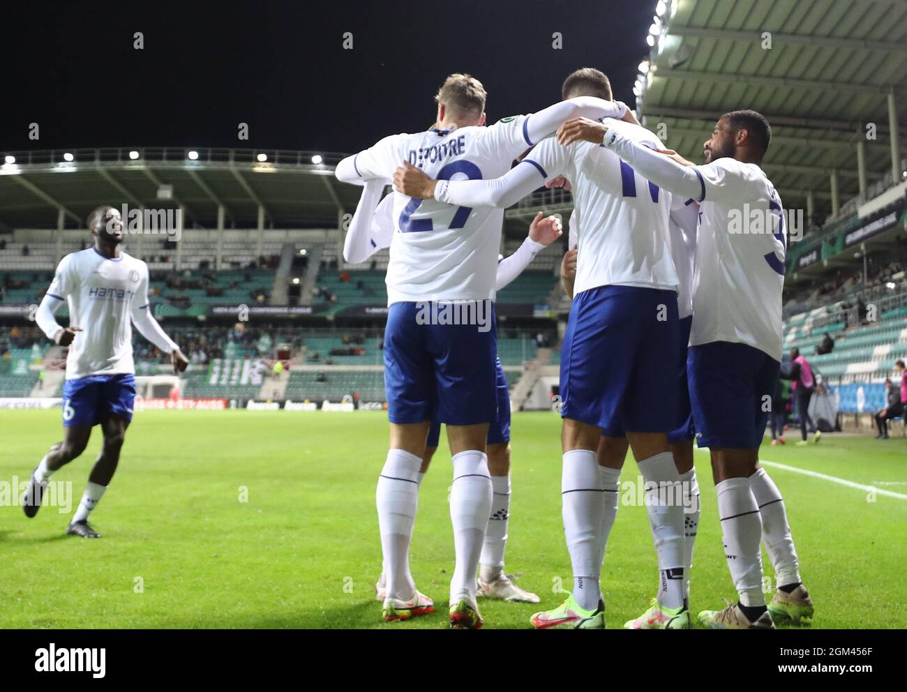 Gent's players celebrate after scoring during a soccer game between Estonian FC Flora Tallinn and Belgian KAA Gent, Thursday 16 September 2021 in Tall Stock Photo