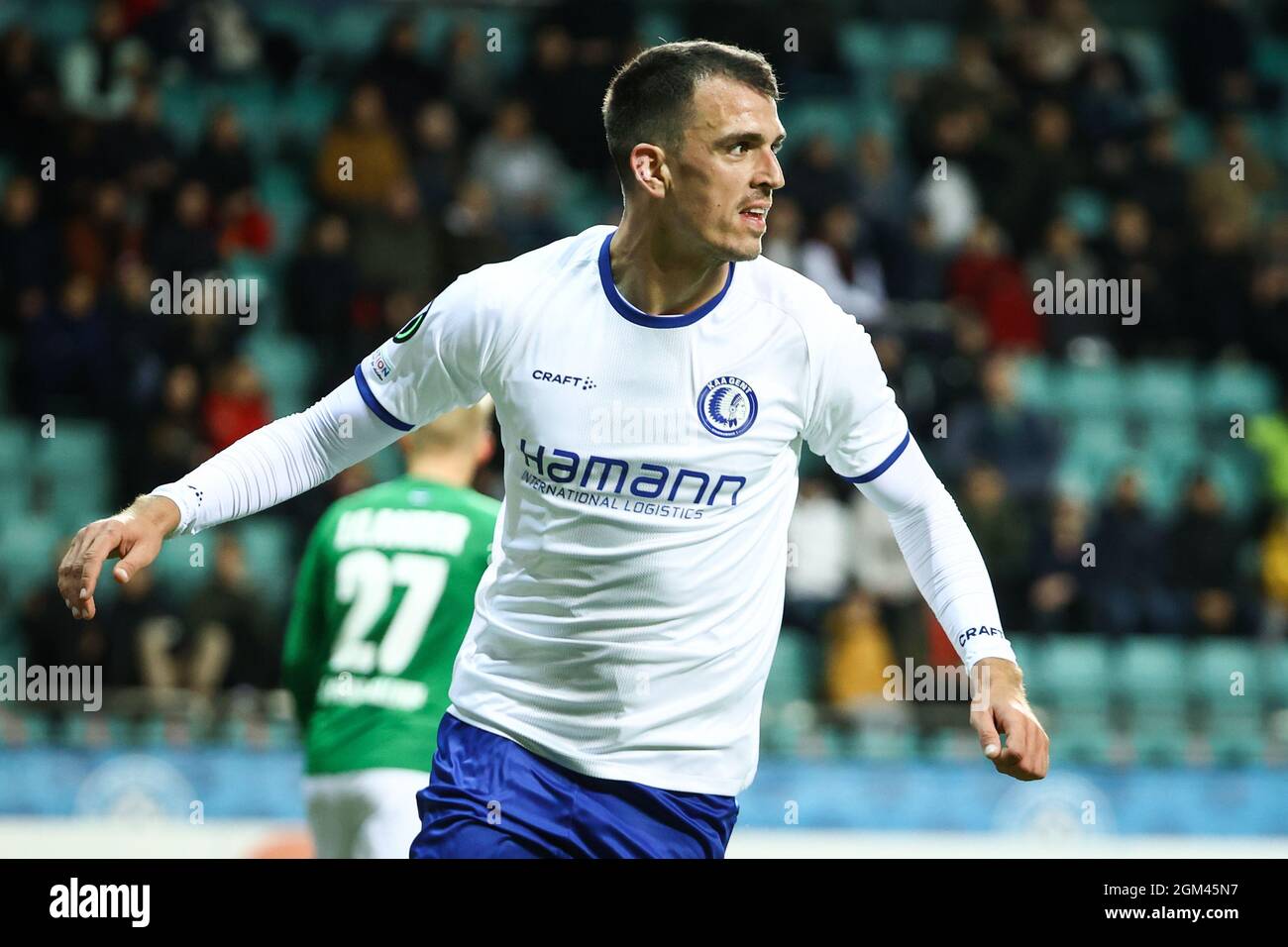 Gent's Darko Lemajic celebrates after scoring during a soccer game between Estonian FC Flora Tallinn and Belgian KAA Gent, Thursday 16 September 2021 Stock Photo