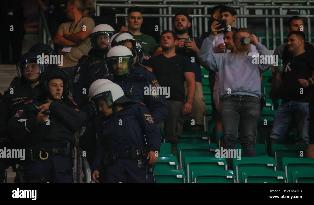 Police pictured at a soccer game between Austrian SK Rapid Wien and Belgian KRC Genk, Thursday 16 September 2021 in Vienna, Austria, on the first day Stock Photo