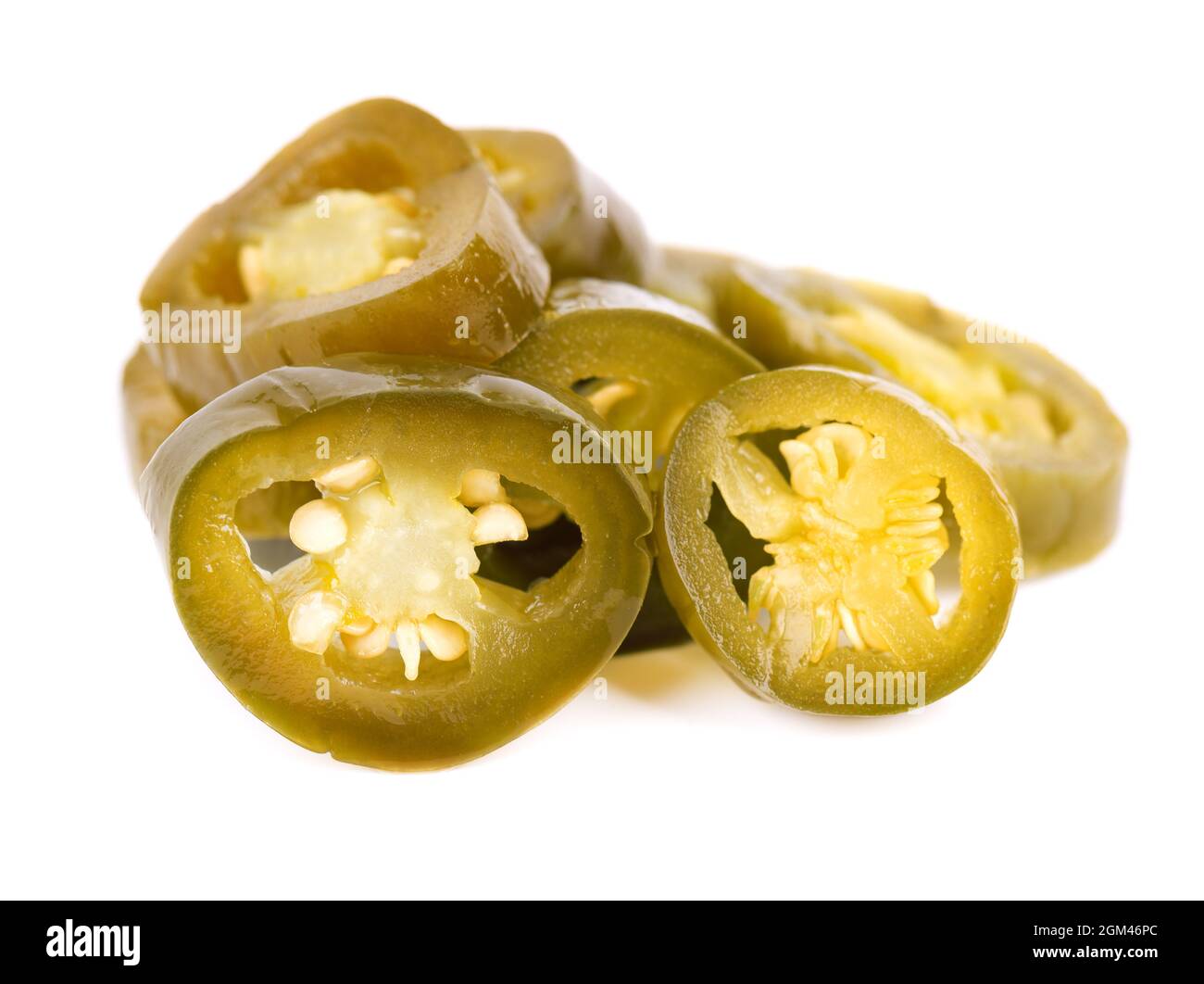 Pickled jalapeno pepper isolated on white background. Slices of