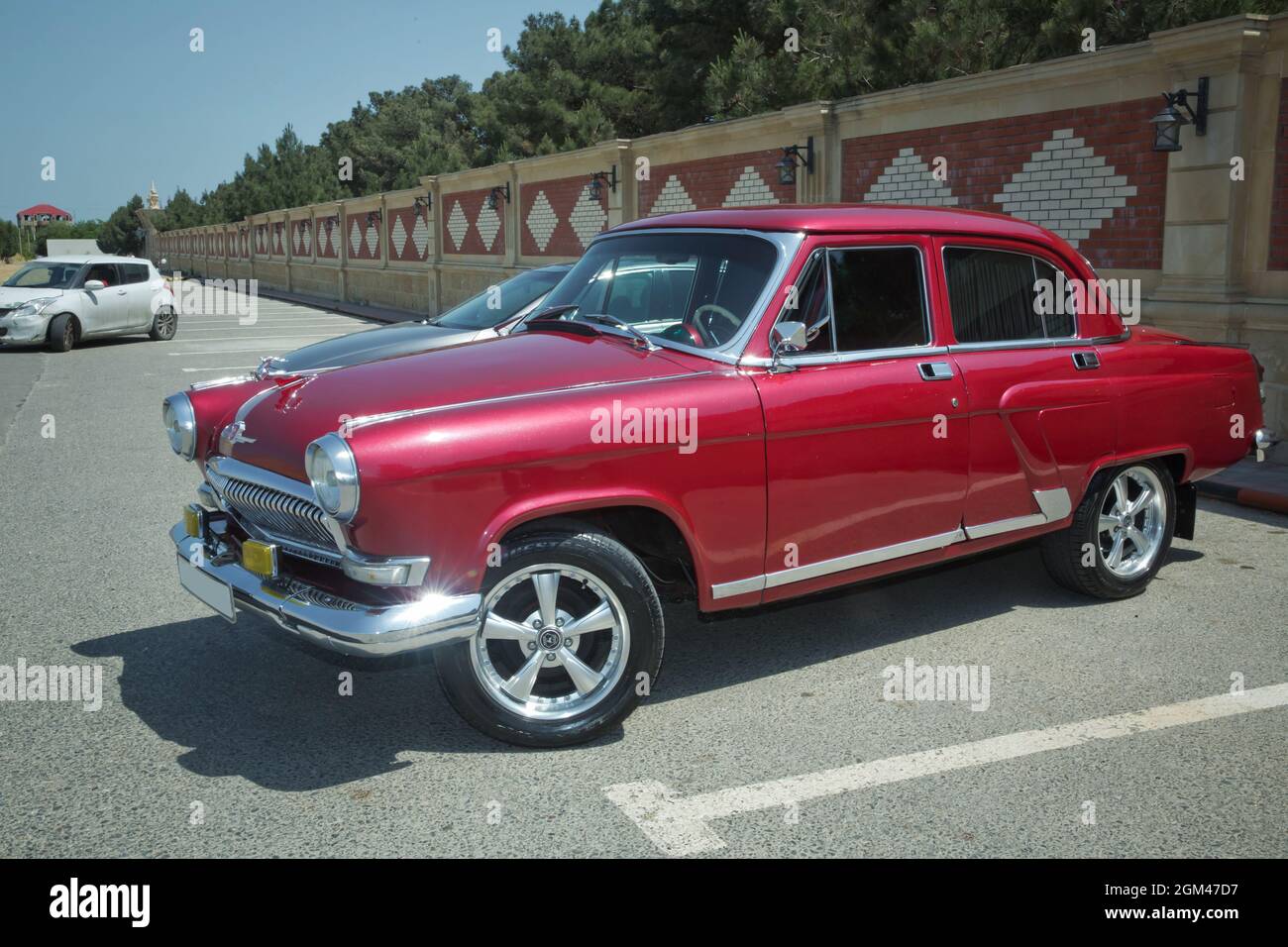 Azerbaijan, Baku. 06.06.2021 Closeup view of the old russian car GAZ21 Volga parked in the