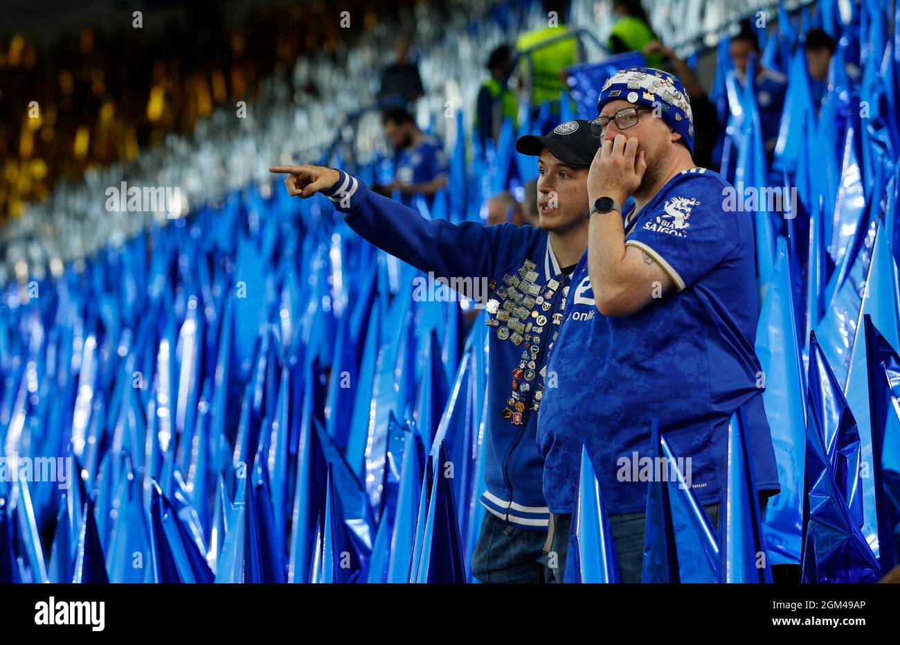 Leicester, UK. 16th Sep, 2021. Leicester fans take their seats amongst the many flags during the UEFA Europa League match at the King Power Stadium, Leicester. Picture credit should read: Darren Staples/Sportimage Credit: Sportimage/Alamy Live News Stock Photo