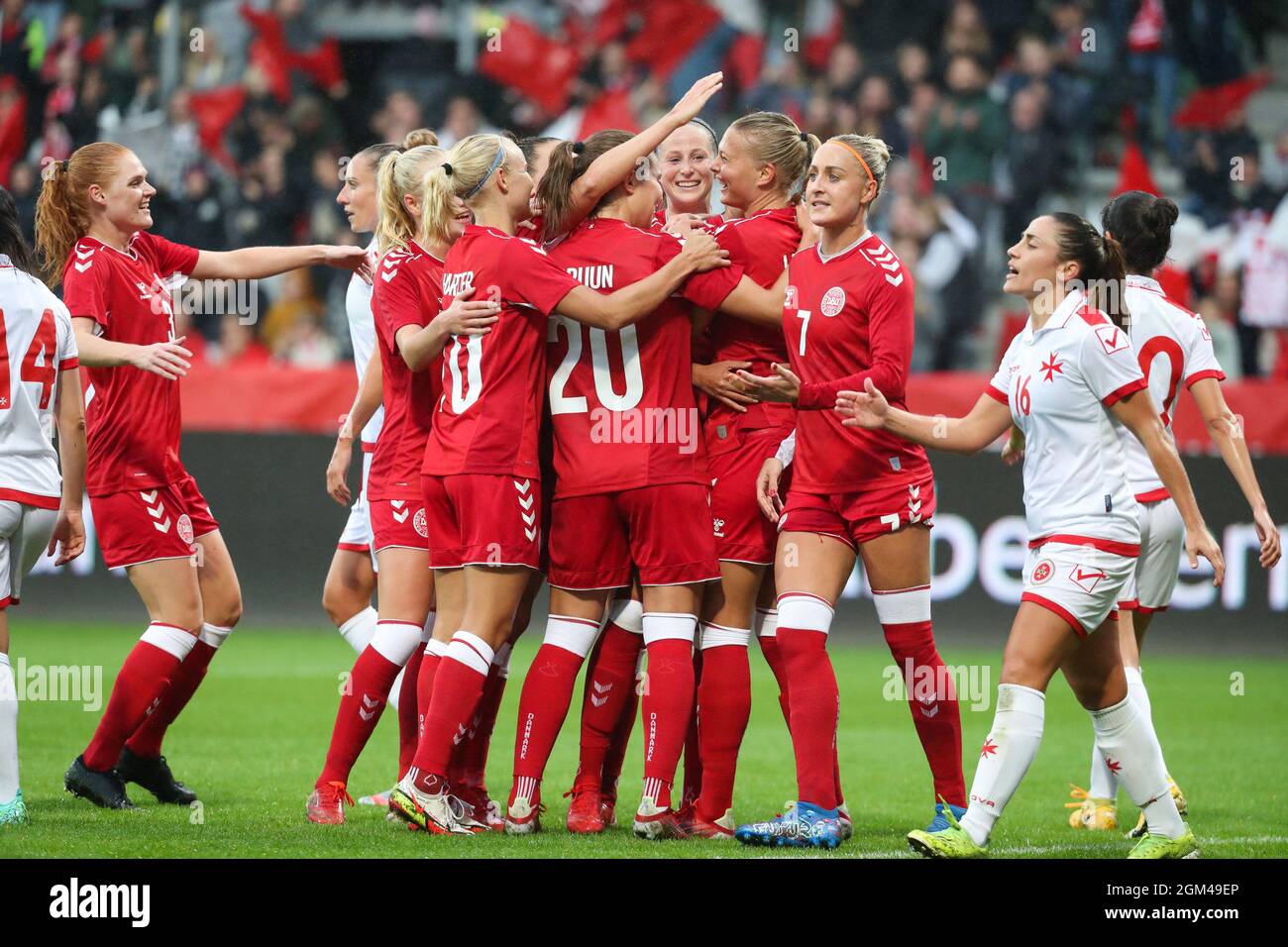 Viborg, Denmark. 16th Sep, 2021. Denmark celebrate goal during a WWC2023  qualification match on September 16th 2021 between Denmark and Malta at  Viborg Stadion in Viborg, Denmark a WWC2023 qualification match on