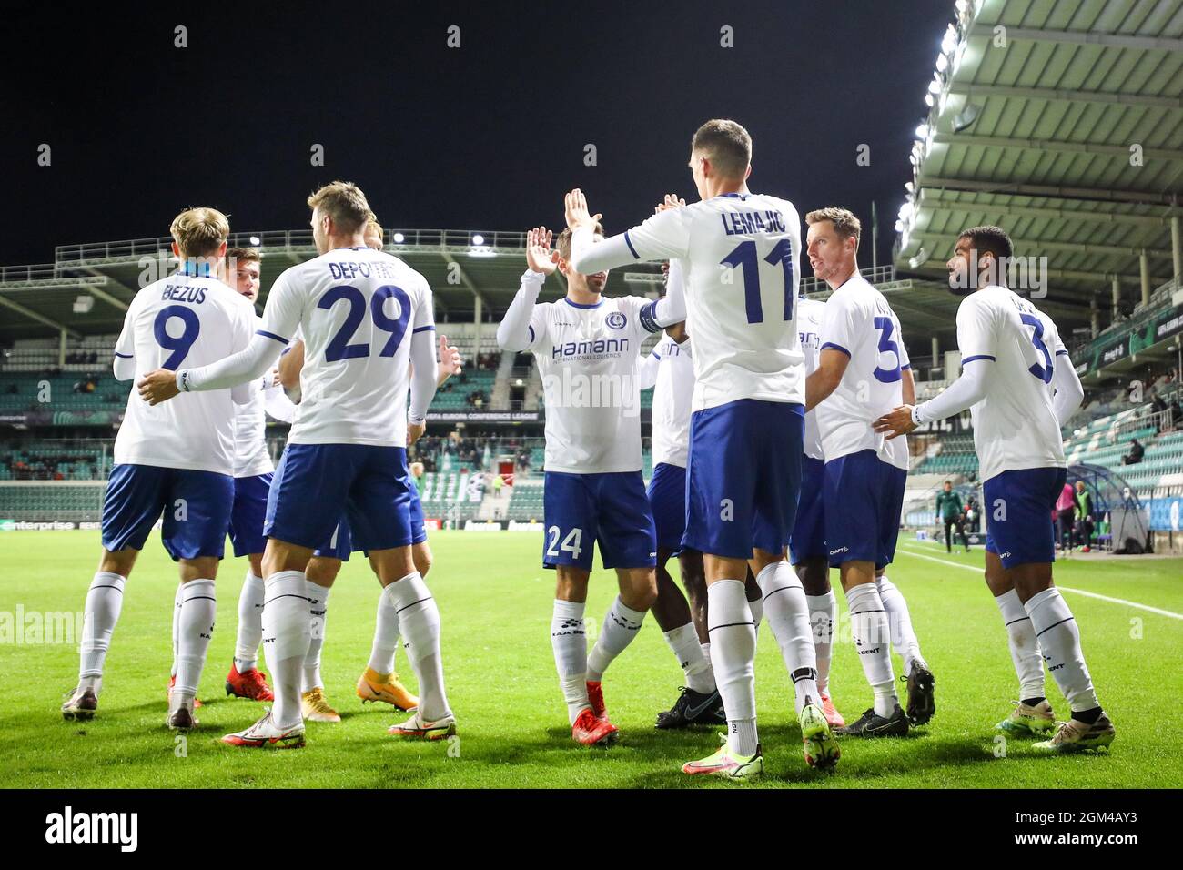 Gent's players celebrate after scoring during a soccer game between Estonian FC Flora Tallinn and Belgian KAA Gent, Thursday 16 September 2021 in Tall Stock Photo