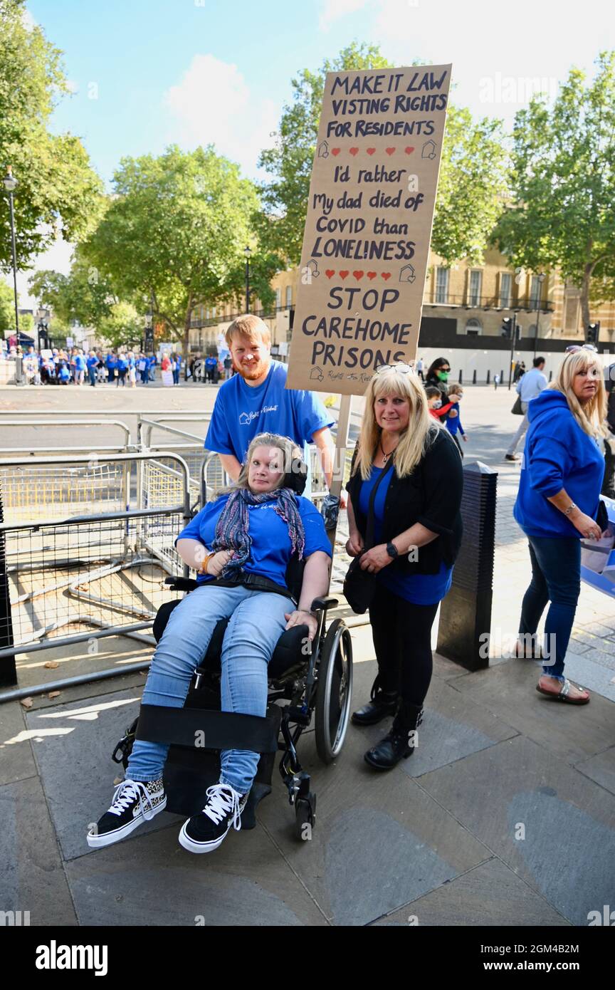London, UK. Protesters, rightsforresid2 activists, More than 250K people have signed their petition calling for a change in the law to enshrine the right for care home residents to see their families. Downing Street, Whitehall. Credit: michael melia/Alamy Live News Stock Photo