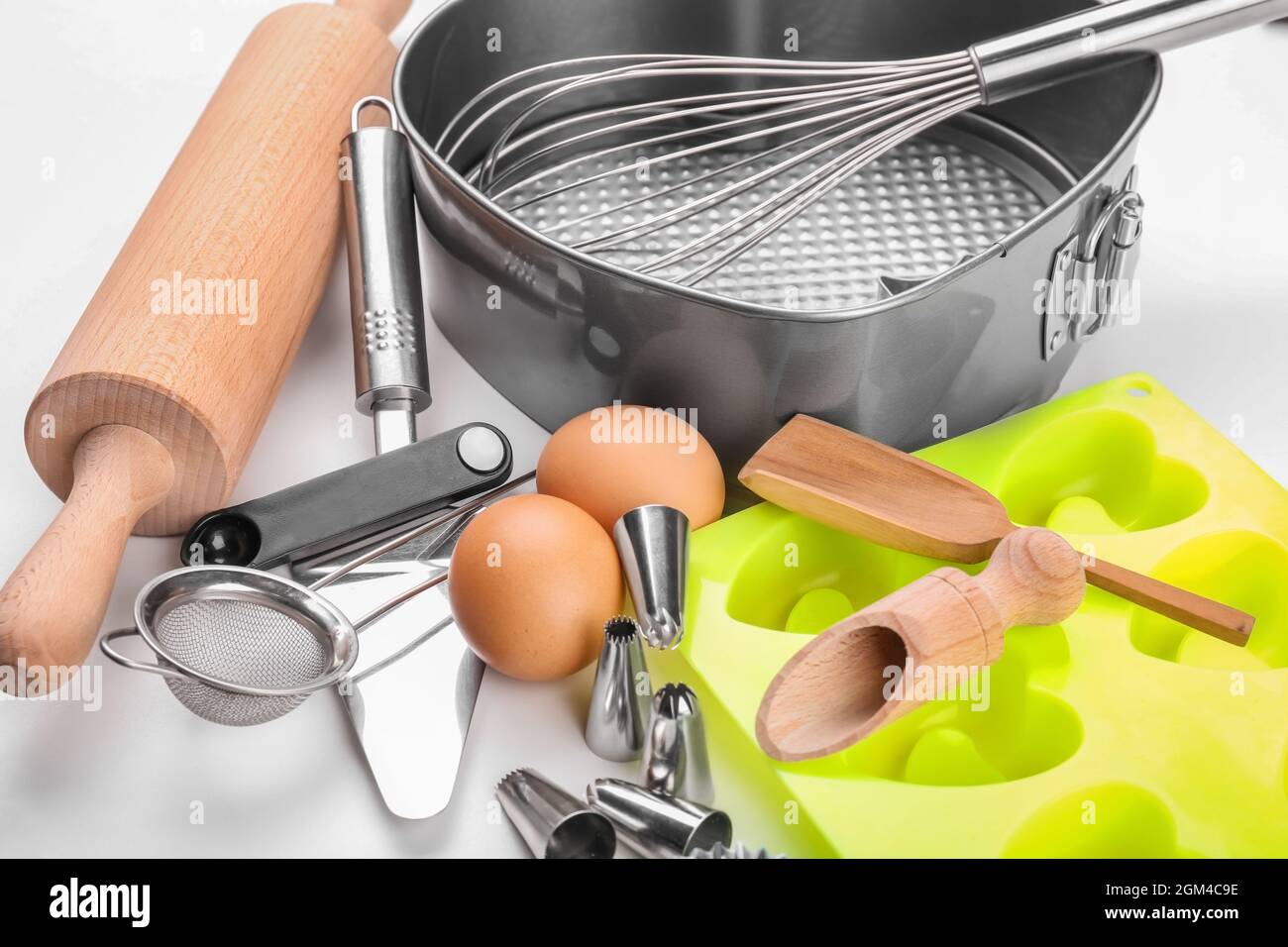 Set of kitchenware for cooking pastries on white background Stock Photo