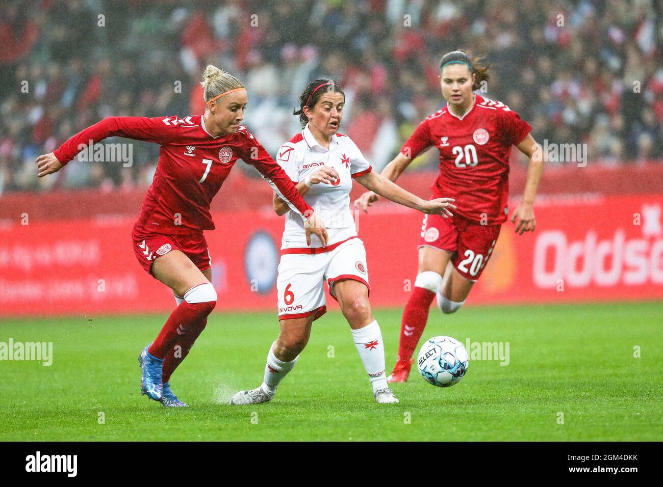 Viborg, Denmark. 16th Sep, 2021. Sanne Troelsgaard (7 DEN) tries to win the  ball from Dorianne Theuma (6 MALTA) during a WWC2023 qualification match on  September 16th 2021 between Denmark and Malta