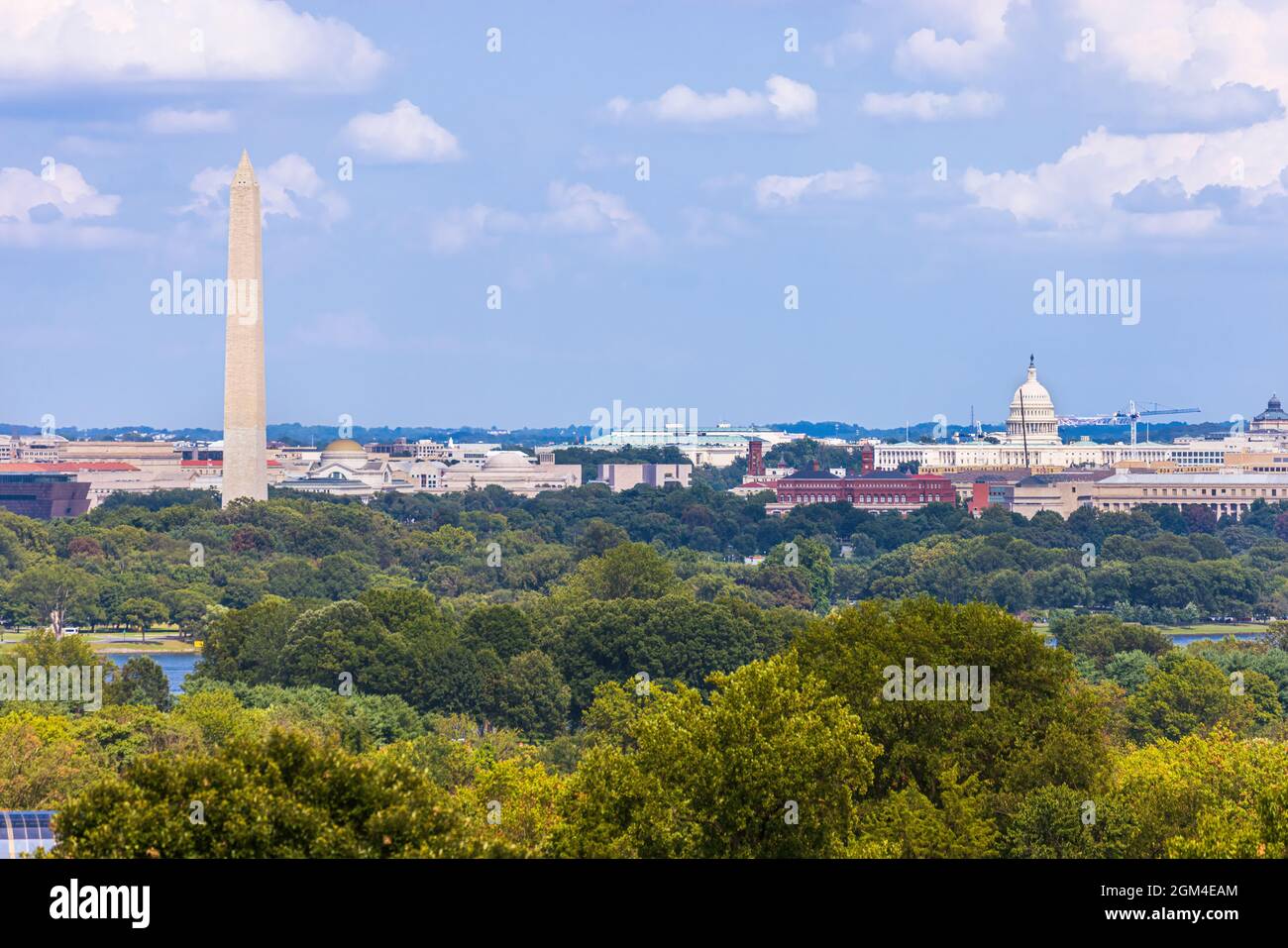 Skyline of Washington DC including the Washington Monument, and the Capitol. Stock Photo