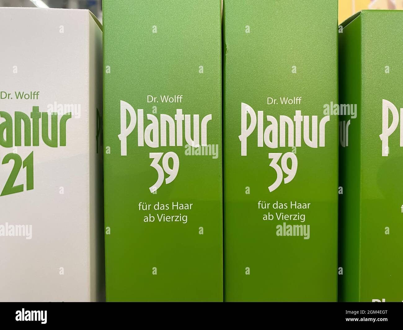 Viersen, Germany - June 9. 2021: Closeup of Dr. Wolff Plantur 39 shampoo  bottles in shelf of german supermarket Stock Photo - Alamy