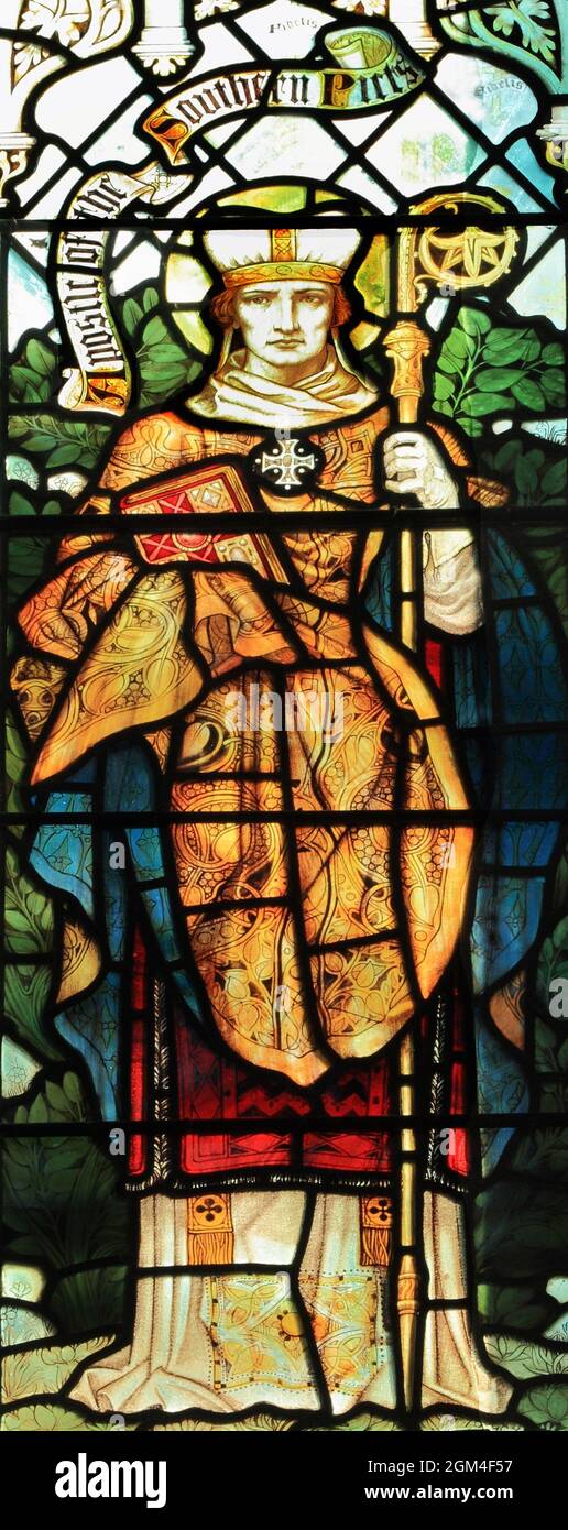 Saint Ninian, Celtic missionary, to Southern Picts, in Scotland, stained glass, by J Powell & Son, 1900, Blakeney, Norfolk, England 2 Stock Photo