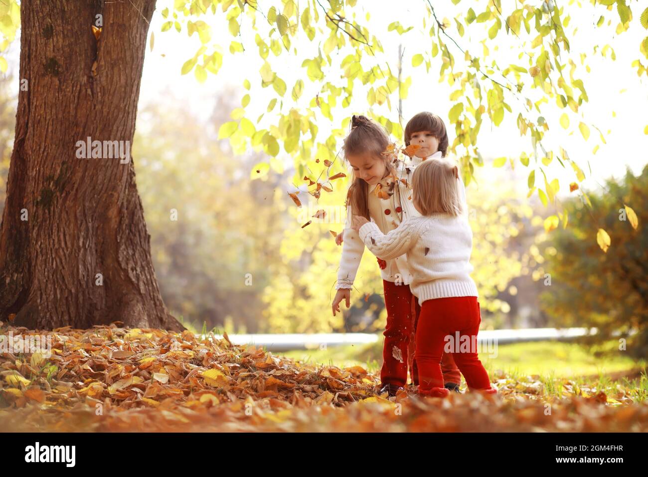 Young family on a walk in the autumn park on sunny day. Happiness to be ...