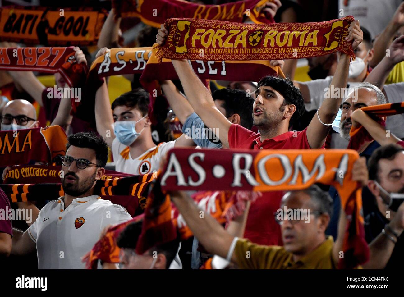 Roma, Italy. 16th Sep, 2021. AS Roma fans cheer on during the Conference league group C football match between AS Roma and PFC CSKA Sofia at Olimpico stadium in Rome (Italy), September 16th, 2021. Photo Antonietta Baldassarre/Insidefoto Credit: insidefoto srl/Alamy Live News Stock Photo