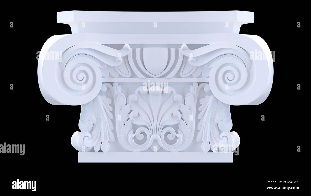 Plaster Decorative Capital on a Black Background, Front View, 3d render Stock Photo