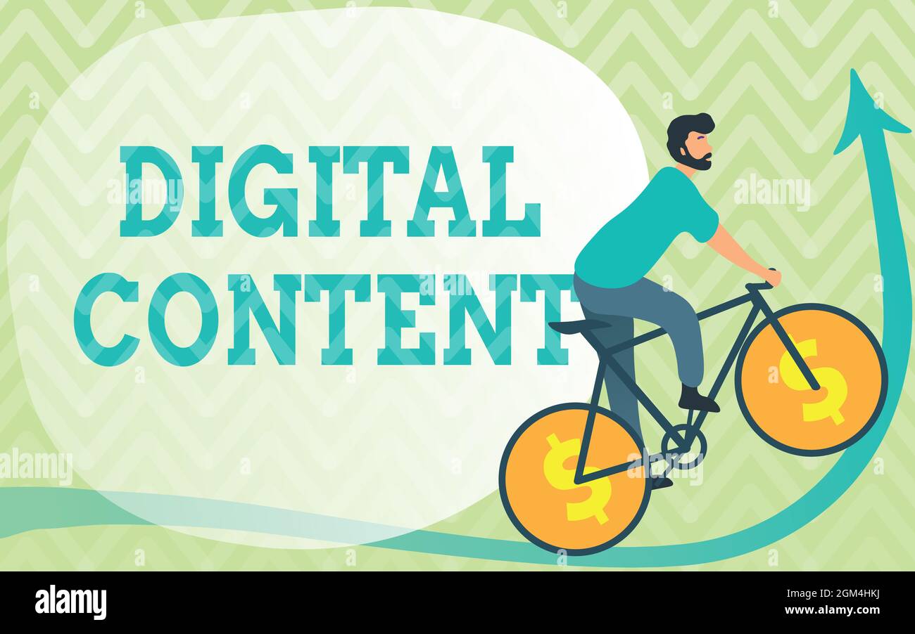 Conceptual display Digital Content. Word for any content that exists in the form of digital data Man Drawing Riding Bicycle With Dollar Sign Wheels Stock Photo
