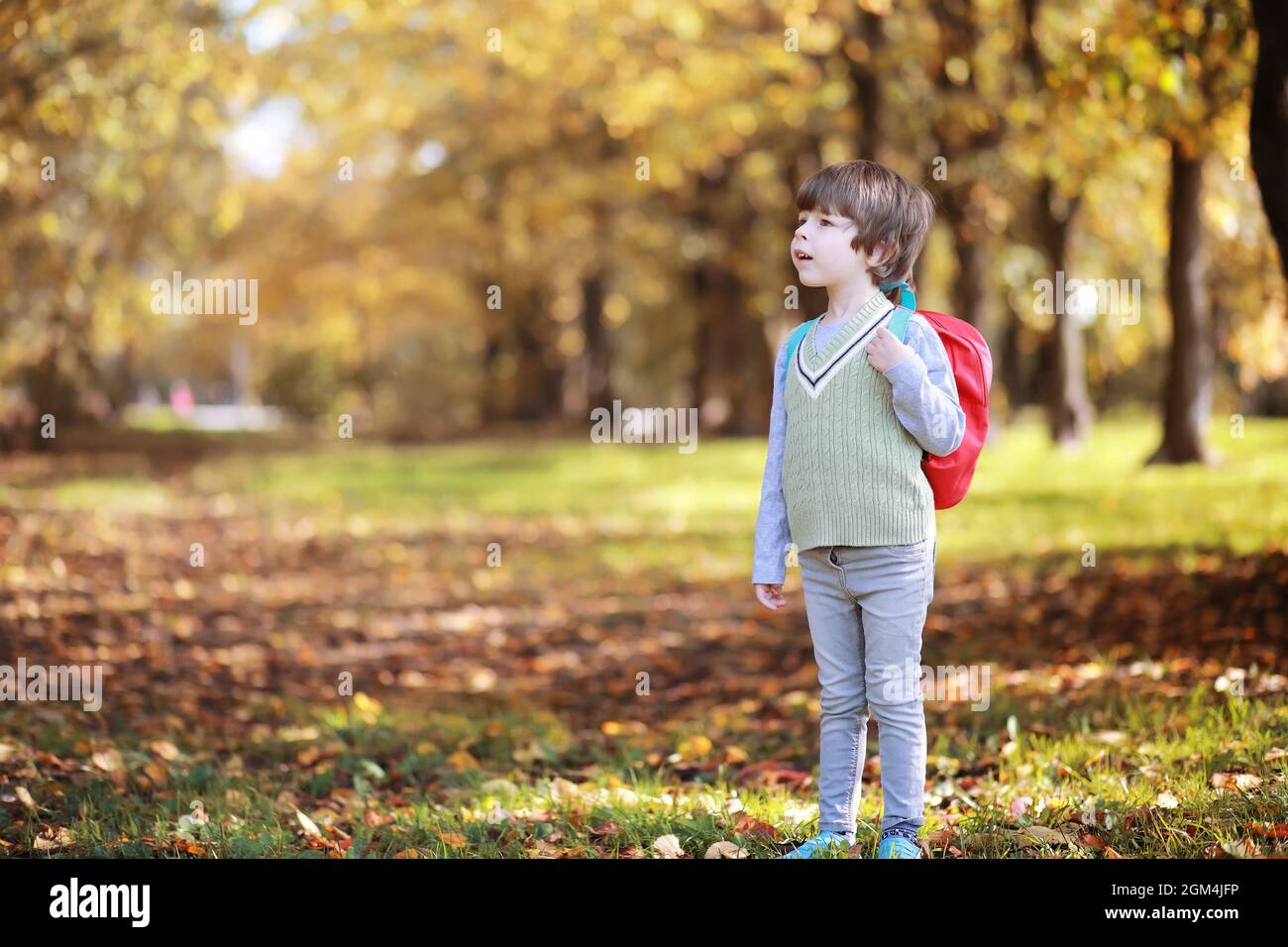 Children with briefcases for a walk in park. School break. The beginning of  the children's studies Stock Photo - Alamy