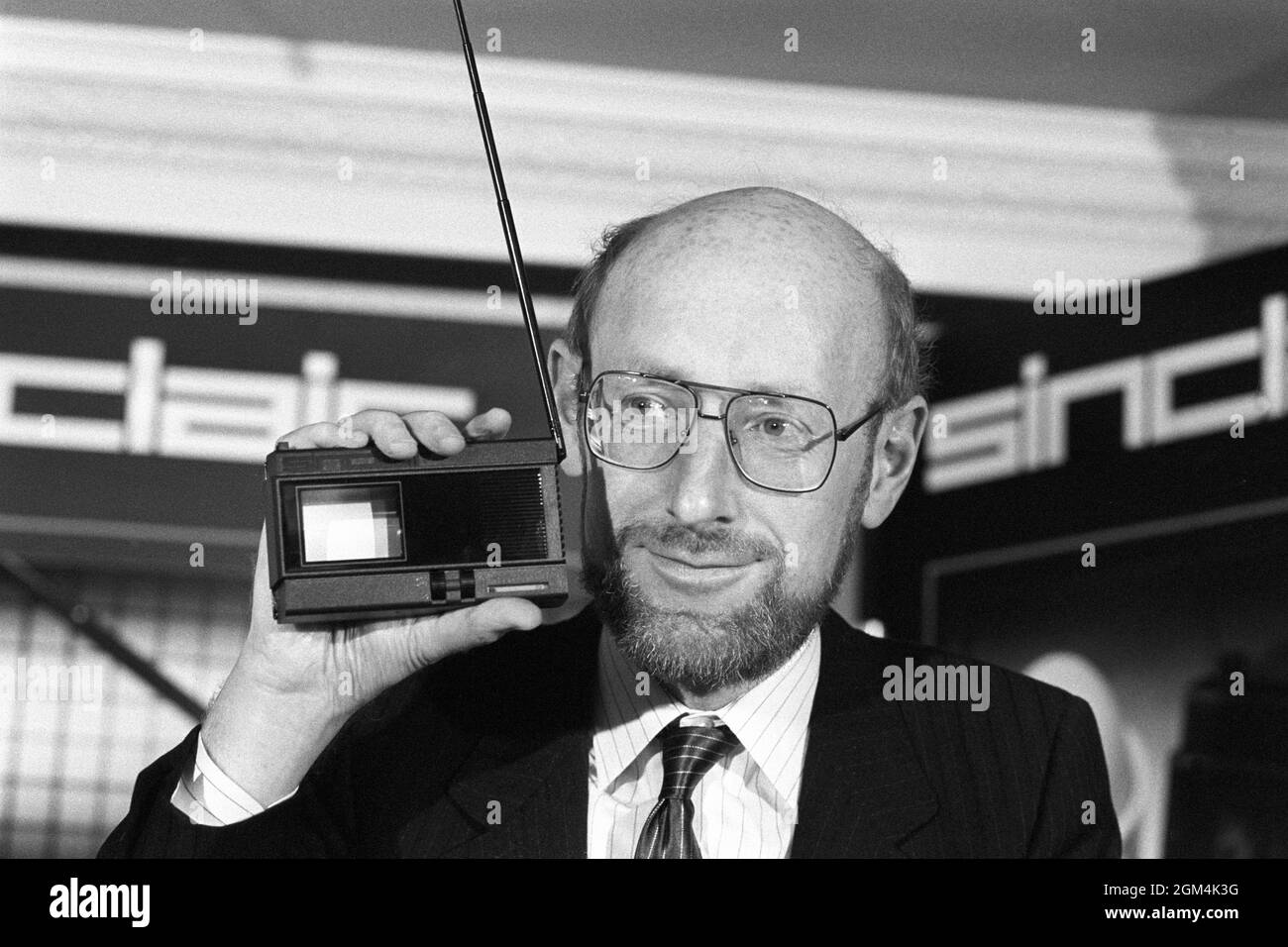 File photo dated 16/10/83 of Sir Clive Sinclair, founder and chairman of Sinclair Research, at the launch of the Sinclair 2-inch pocket television. Home computing pioneer Sir Clive Sinclair has died at the age of 81, according to reports. Issue date: Thursday September 16, 2021. Stock Photo