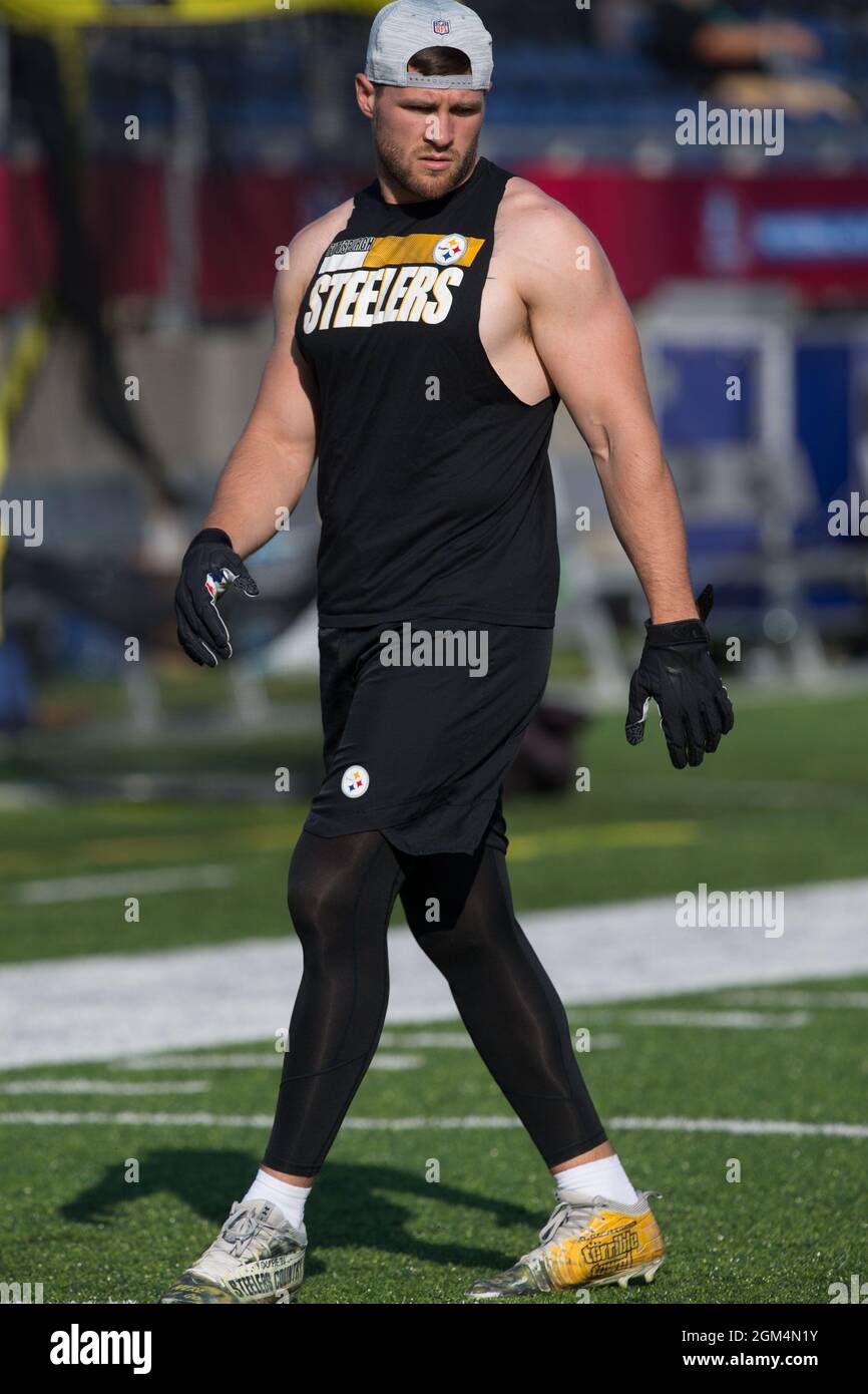 Pittsburgh Steelers linebacker TJ Watt (90) at warmups period before the  Pro Football Hall of Fame game at Tom Benson Hall of Fame Stadium,  Thursday, Aug. 5, 2021, in Canton, Ohio. The