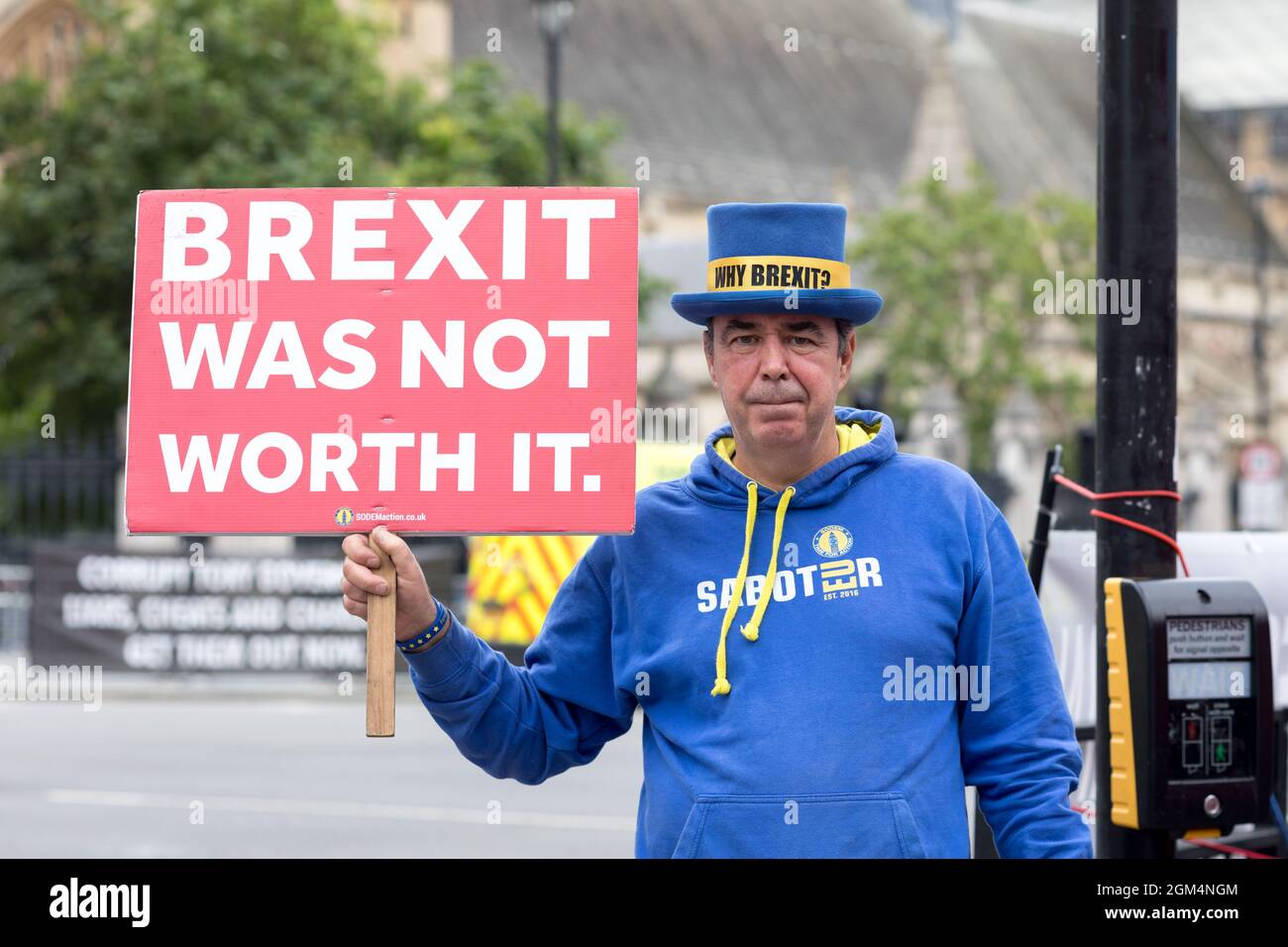 London, UK. 15th Sep, 2021. Steven Bray, founder of Stand of Defiance European Movement (SODEM), holding a placard that says 'Brexit was not worth it.' during the demonstration.Called by SODEM, Stand of Defiance European Movement, a group of anti-brexiters gathered at Westminster to protest the Boris Johnson government. They strive to deliver the message that Brexit was not the will of the people to the incumbent UK government. (Photo by Belinda Jiao/SOPA Images/Sipa USA) Credit: Sipa USA/Alamy Live News Stock Photo