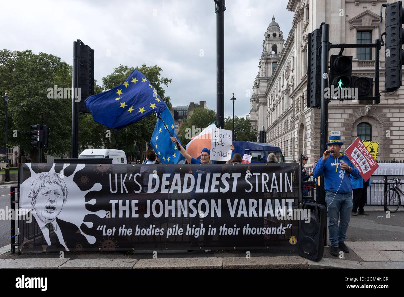 London, UK. 15th Sep, 2021. Protestors hanging a banner that says 'UK's deadliest strain the Johnson variant' and a placard that says 'Boris fails Britain' during the demonstration.Called by SODEM, Stand of Defiance European Movement, a group of anti-brexiters gathered at Westminster to protest the Boris Johnson government. They strive to deliver the message that Brexit was not the will of the people to the incumbent UK government. (Photo by Belinda Jiao/SOPA Images/Sipa USA) Credit: Sipa USA/Alamy Live News Stock Photo