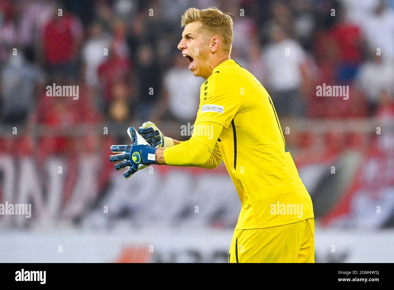 Antwerp's goalkeeper Jean Butez looks dejected during a soccer game between Greek Olympiacos F.C. and Belgian Royal Antwerp FC, Thursday 16 September Stock Photo