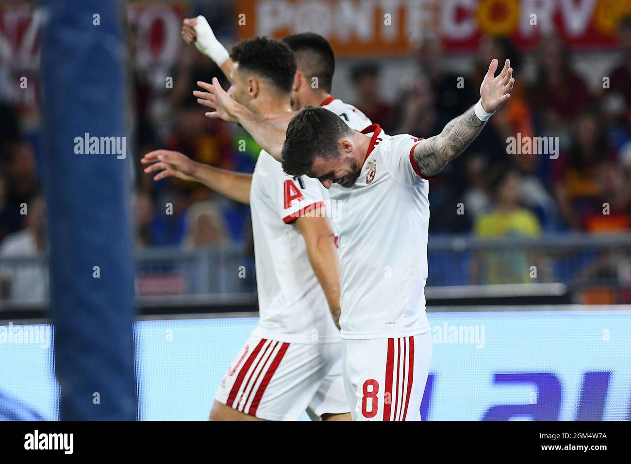 16th September 2021: Stadio Olimpico, Rome, Italy; Graham Carey of CSKA Sofia celebrate after scoring the goal during the Conference League match between AS Roma versus CSKA Sofia at Olimpico stadium Stock Photo