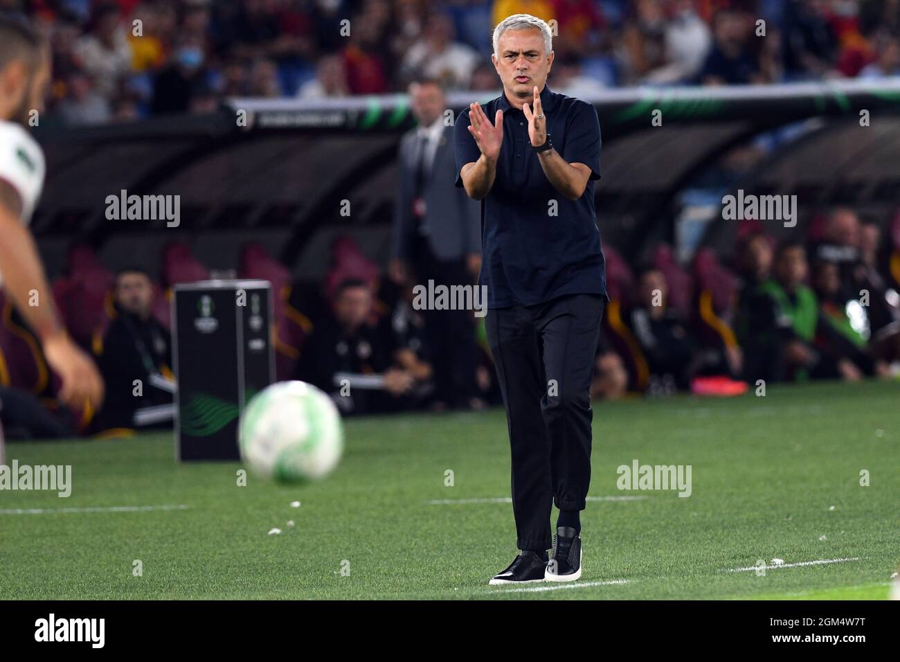16th September 2021: Stadio Olimpico, Rome, Italy; Roma trainer Jose Mourinho returns the loose ball during the Conference League match between AS Roma versus CSKA Sofia at Olimpico stadium Stock Photo