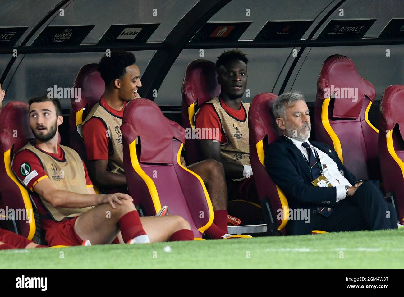 16th September 2021: Stadio Olimpico, Rome, Italy; Tammy Abraham of AS Roma on the bench at start of the Conference League match between AS Roma versus CSKA Sofia at Olimpico stadium Stock Photo