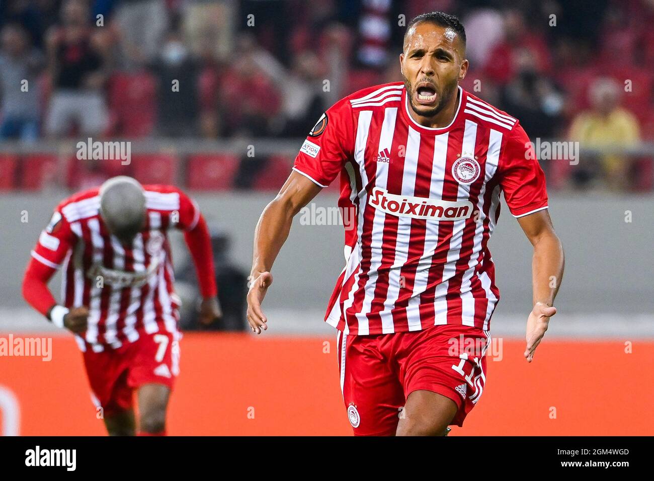 Olympiacos Youssef El Arabi Celebrates After Scoring During A Soccer Game Between Greek Olympiacos F C And Belgian Royal Antwerp Fc Thursday 16 Sep Stock Photo Alamy