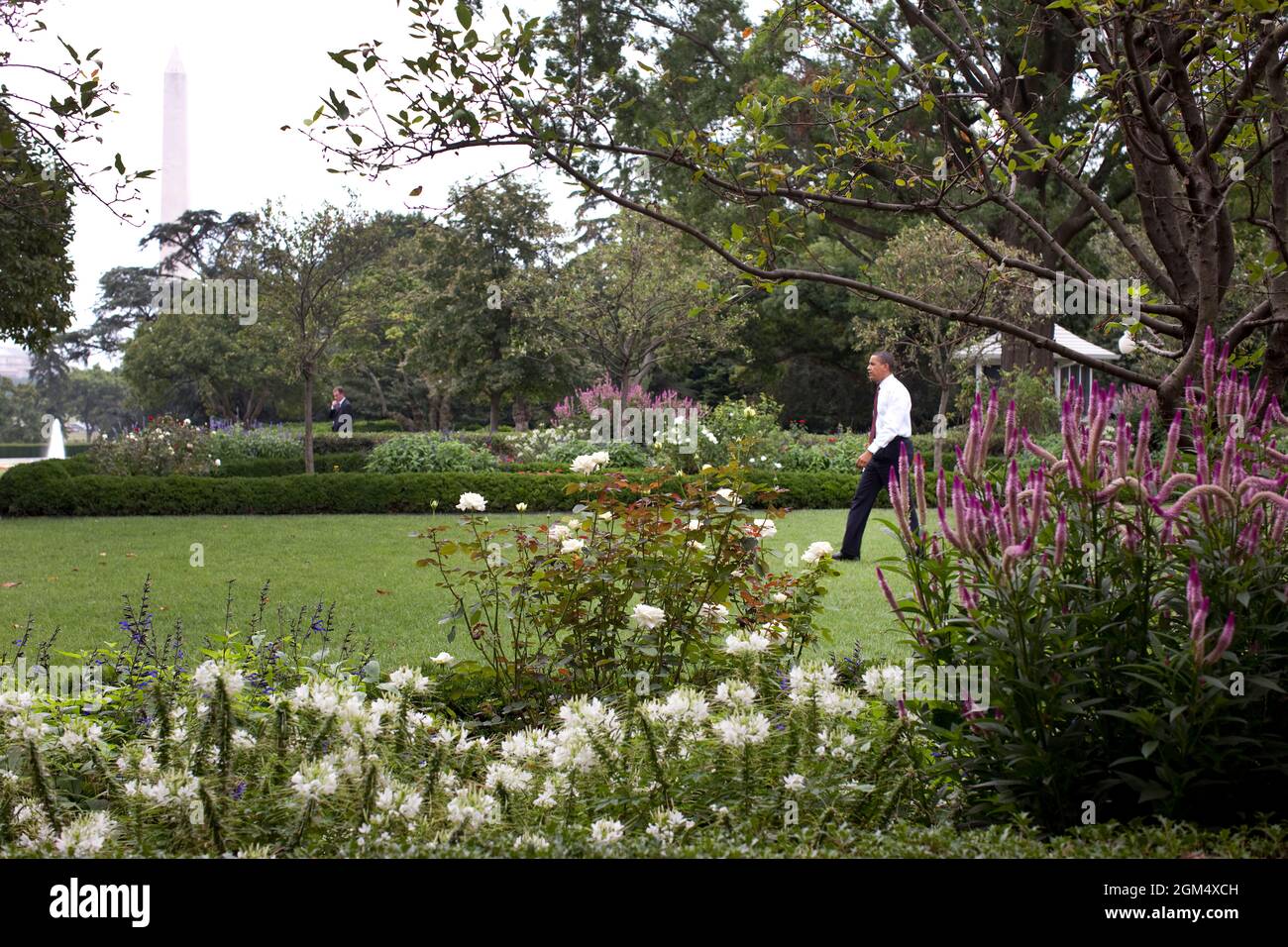 President Barack Obama walks through the Rose Garden after moving  his senior staff meeting outdoors to take advantage of a pleasant summer day in Washington,  August 12, 2009.  (Official White House photo by Pete Souza) This official White House photograph is being made available only for publication by news organizations and/or for personal use printing by the subject(s) of the photograph. The photograph may not be manipulated in any way and may not be used in commercial or political materials, advertisements, emails, products, promotions that in any way suggests approval or endorsement of t Stock Photo