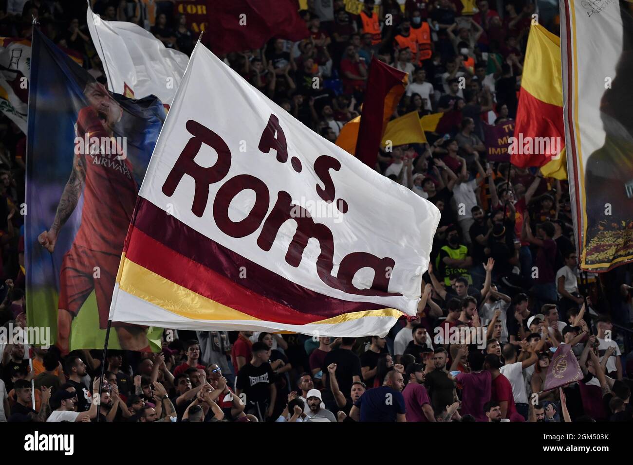 Roma, Italy. 16th Sep, 2021. AS Roma fans cheer on during the Conference league group C football match between AS Roma and PFC CSKA Sofia at Olimpico stadium in Rome (Italy), September 16th, 2021. Photo Antonietta Baldassarre/Insidefoto Credit: insidefoto srl/Alamy Live News Stock Photo