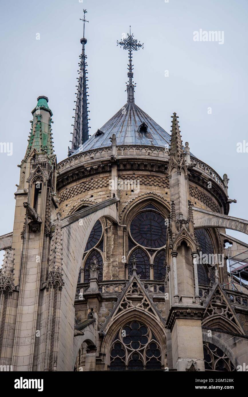 Detail close up view of the French Gothic architecture of the Notre Dame de Paris. Exterior view Stock Photo