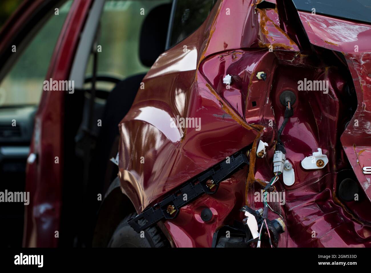 Fatal car accident car crash damage. Totaled car. Stock Photo