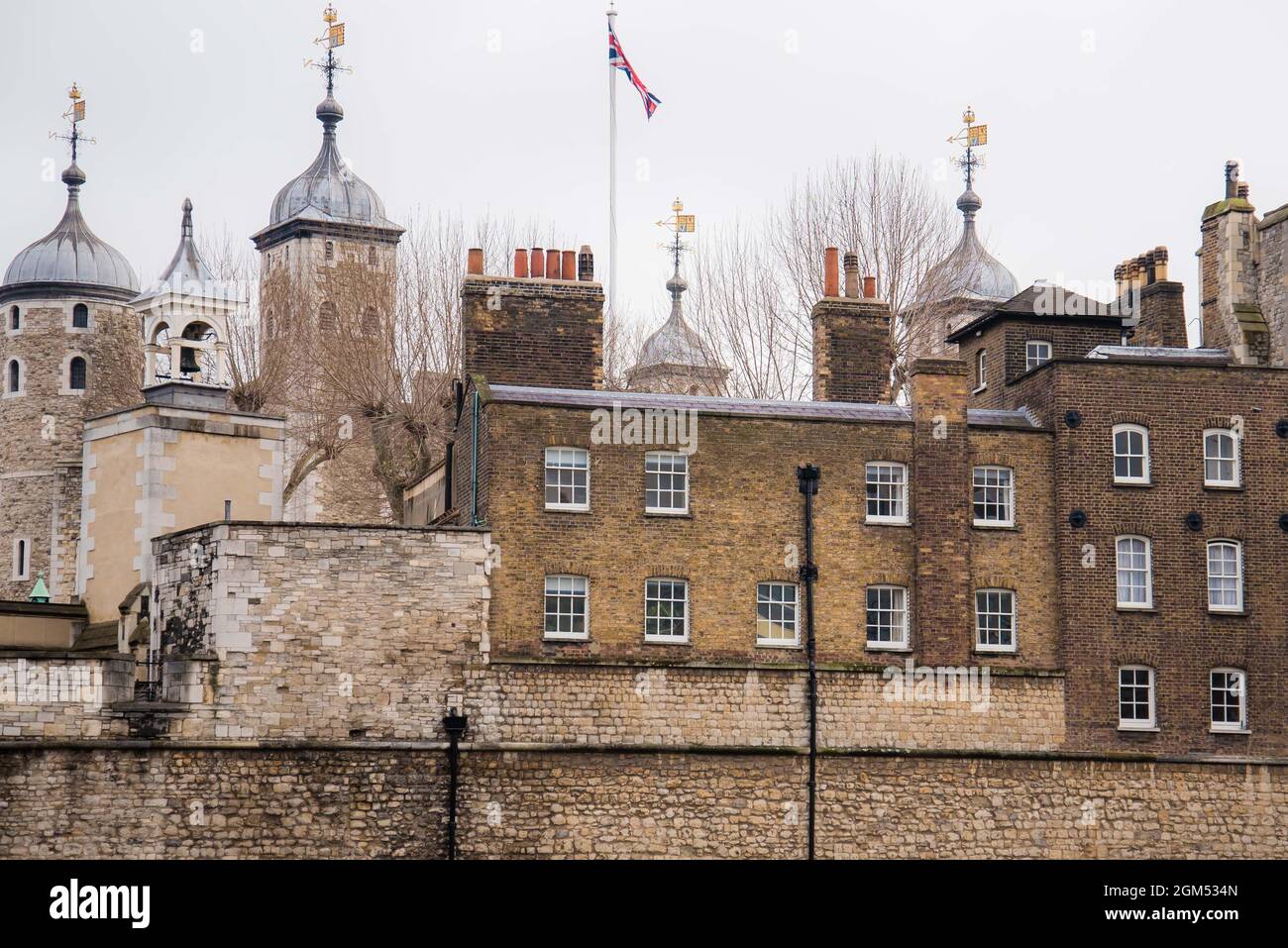 Tower of London castle architecture. compasses and flags Stock Photo