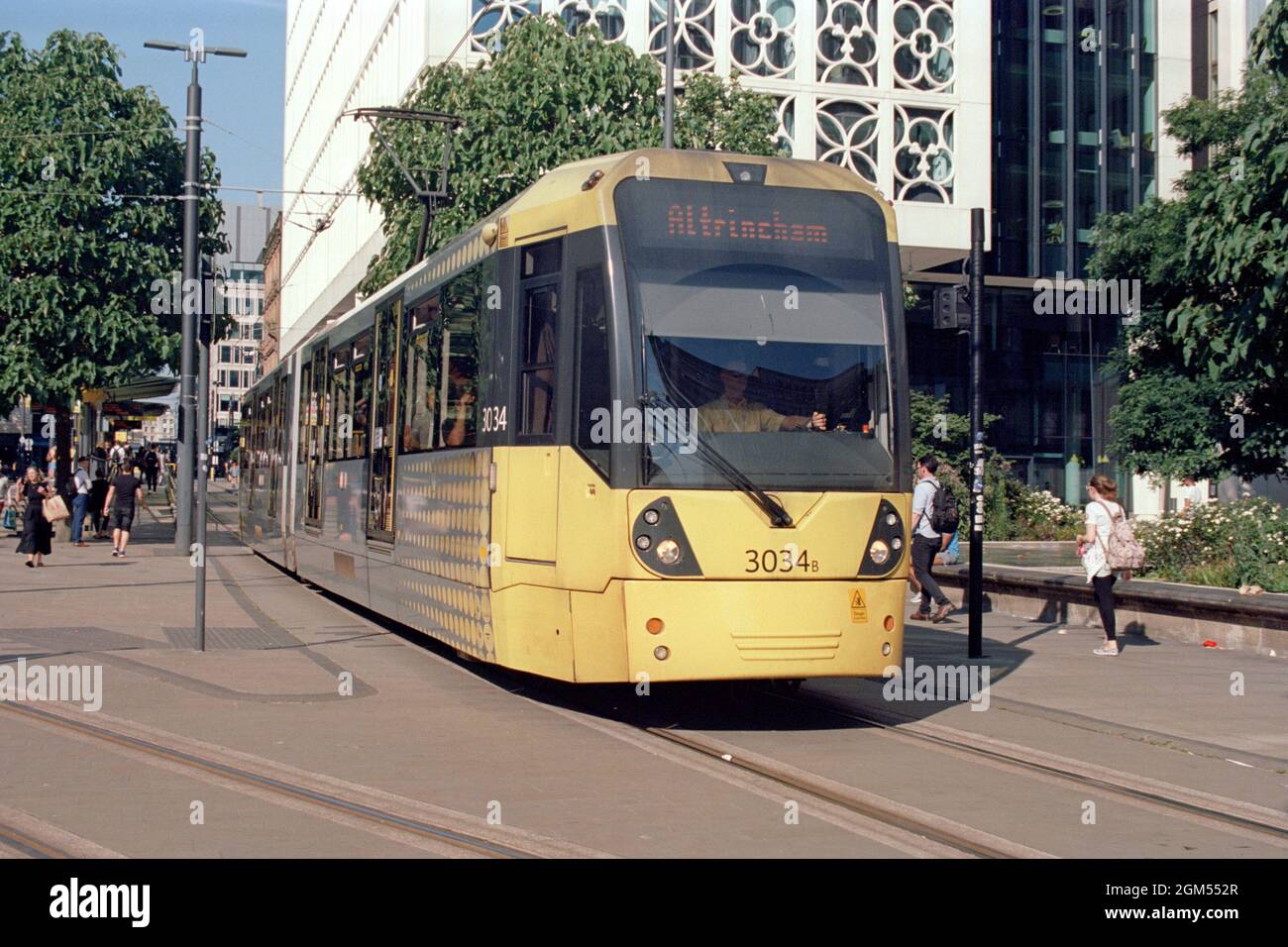 Manchester, UK - 26 July 2021: A Manchedter Metrolink tram (Bombardier M5000, no. 3034) at St Peter's Square. Stock Photo