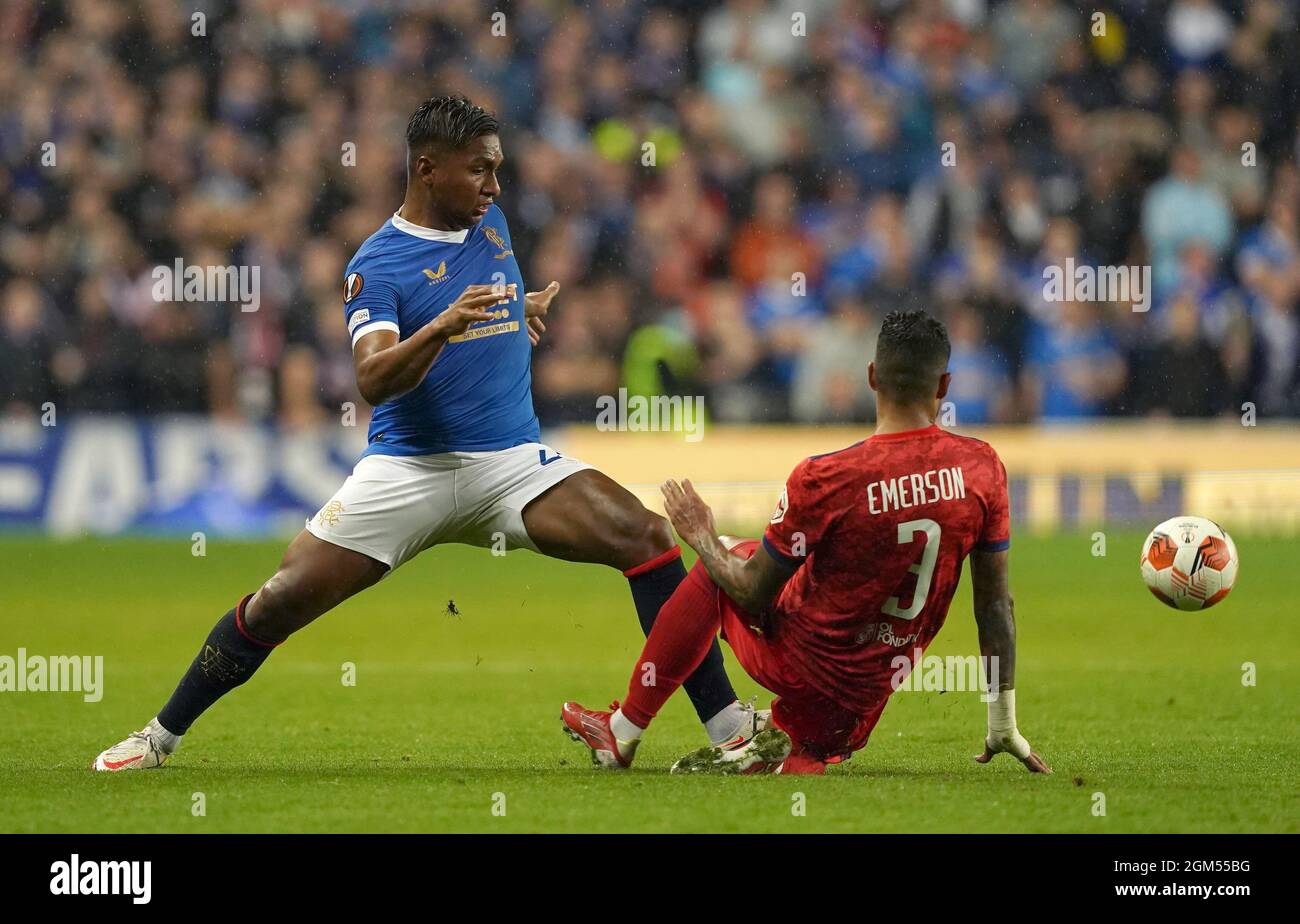 Rangers' Alfredo Morelos (left) and Lyon's dos Santos Emerson Palmieri battle for the ball during the UEFA Europa League, Group A match at Ibrox Stadium, Glasgow. Picture date: Thursday September 16, 2021. Stock Photo