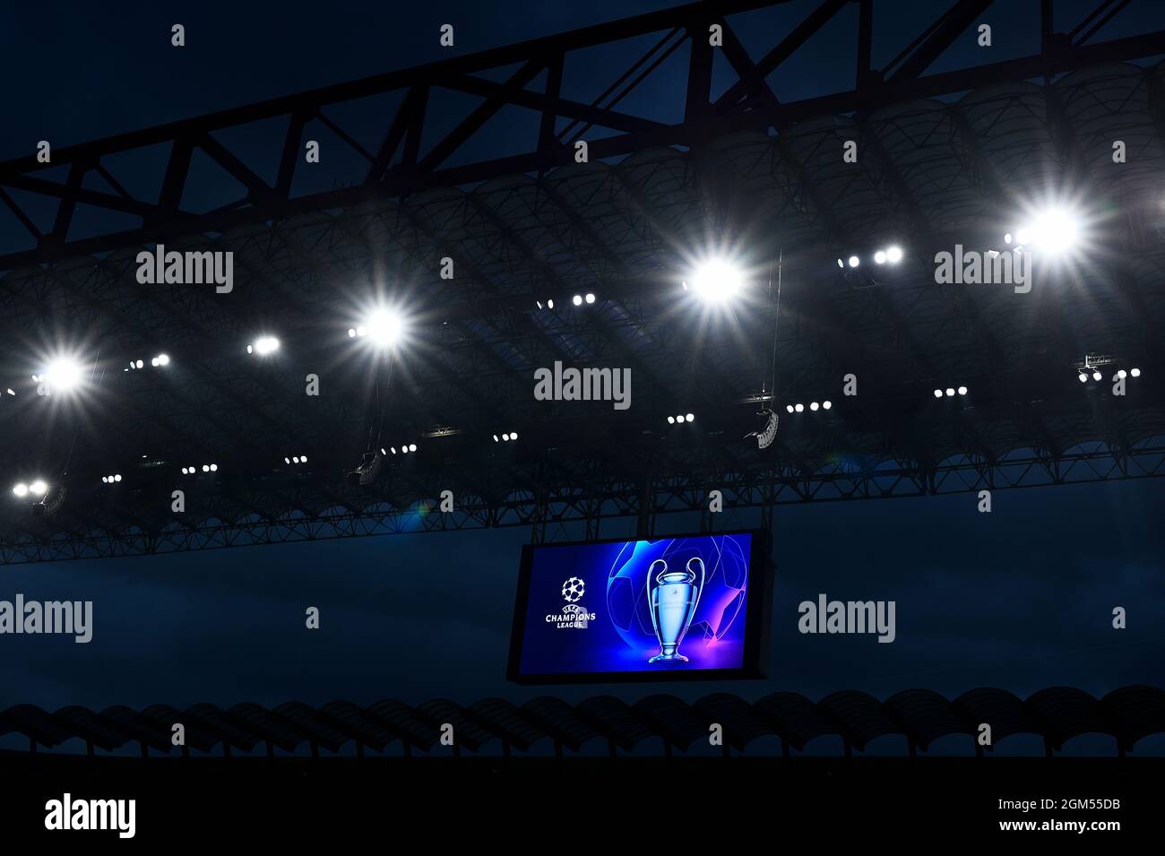 Milan, Italy. 15 September 2021. A scoreboard displays the logo and the  trophy of UEFA Champions League prior to the UEFA Champions League football  match between FC Internazionale and Real Madrid CF.