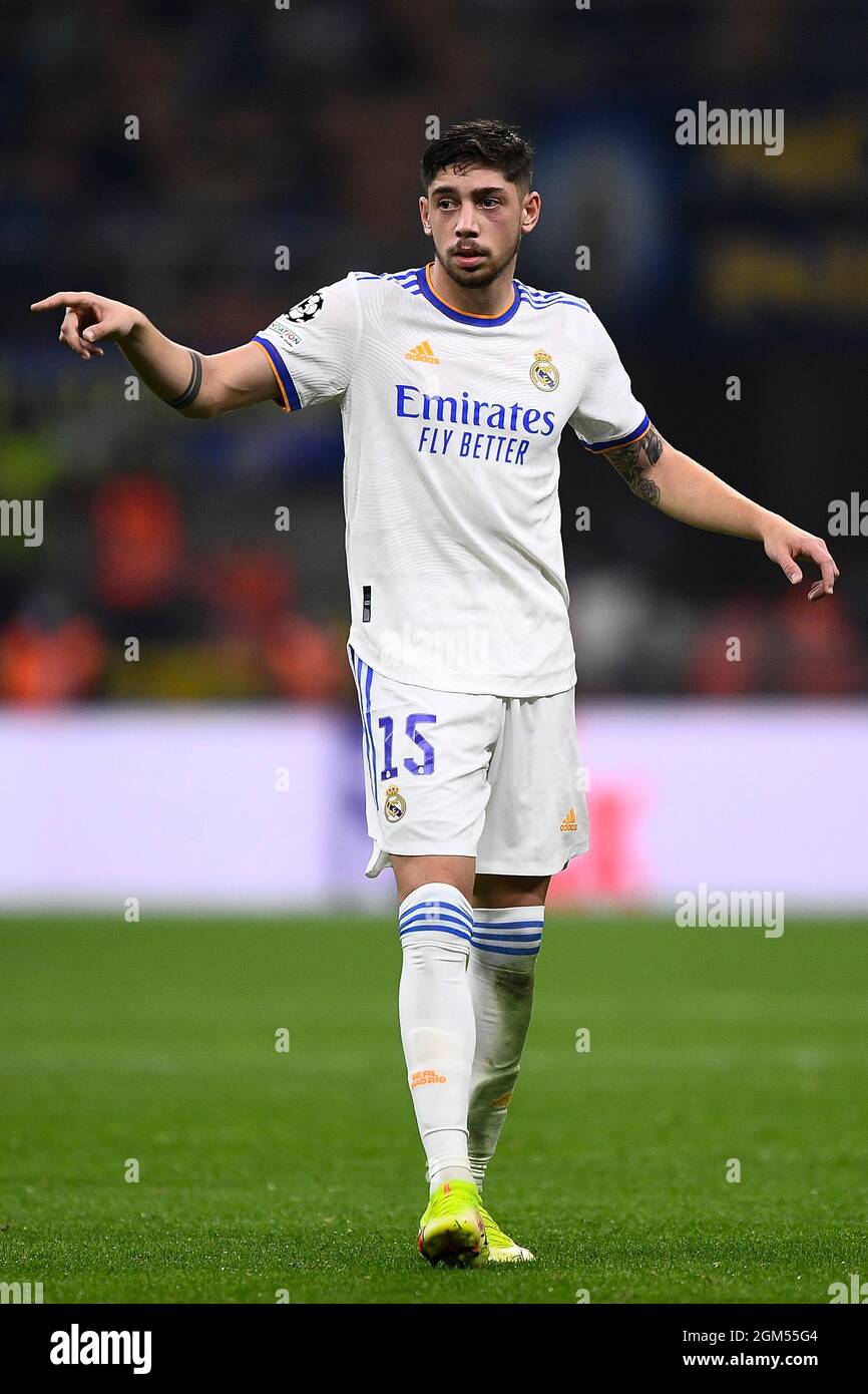 Milan, Italy. 15 September 2021. Federico Valverde of Real Madrid CF gestures during the UEFA Champions League football match between FC Internazionale and Real Madrid CF. Credit: Nicolò Campo/Alamy Live News Stock Photo