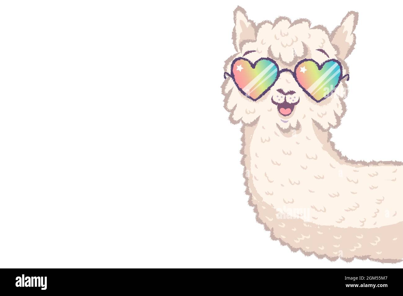Vector illustration of a cute llama with rainbow glasses. Cute alpaca with glasses like hearts. Stock Vector
