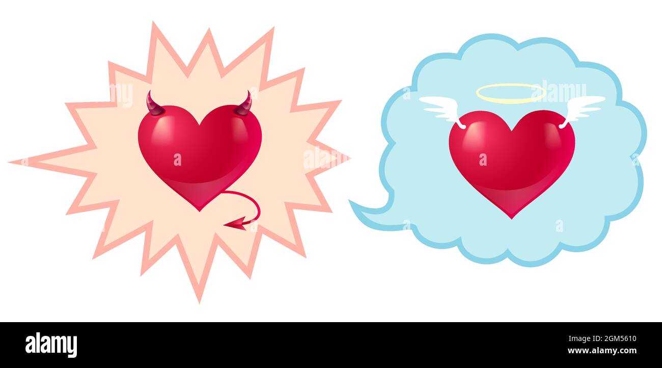 Devil and angel hearts on comic bubbles. Two hearts for Valentines day. Stock Vector