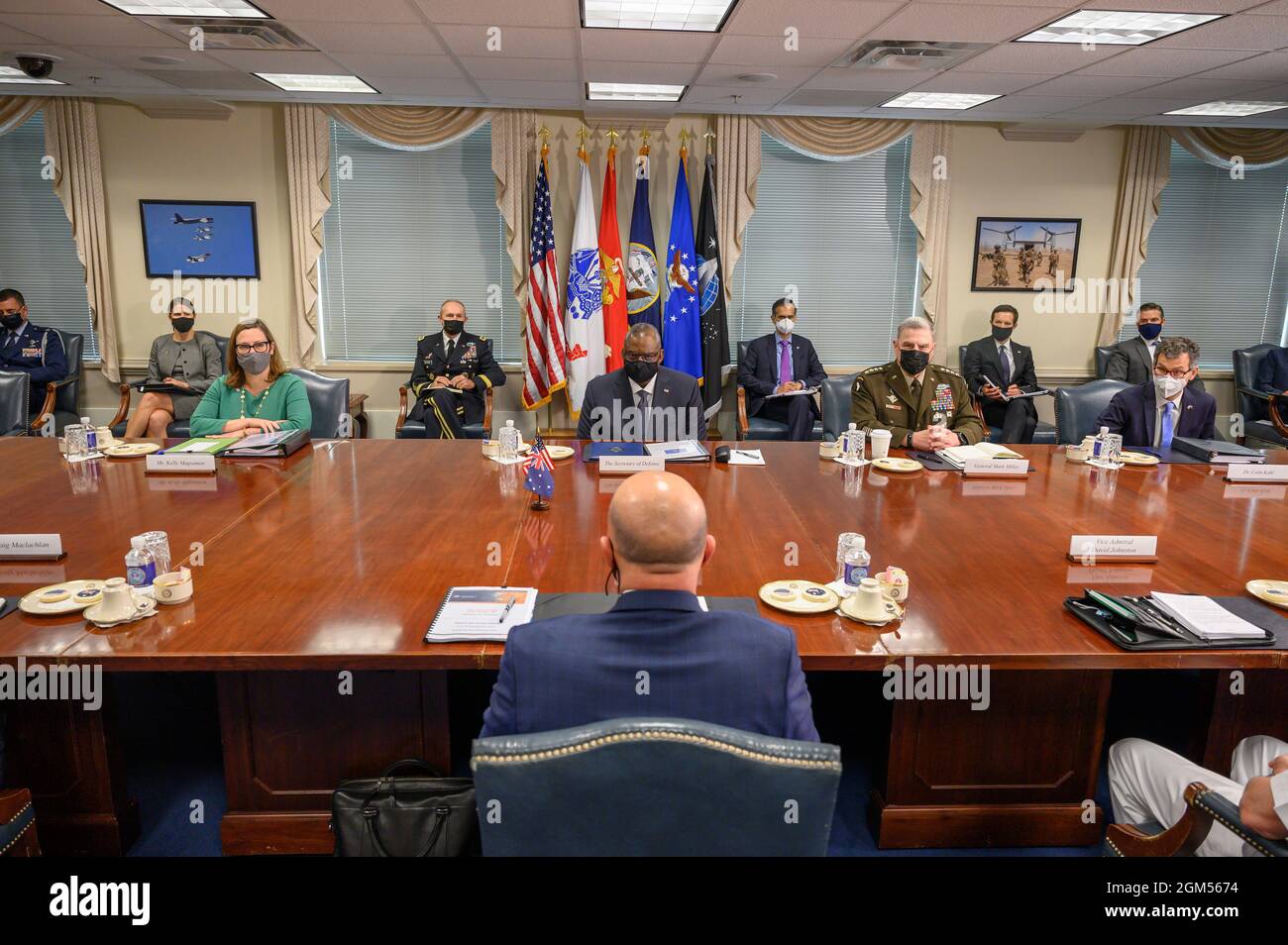 Arlington, United States Of America. 15th Sep, 2021. Arlington, United States of America. 15 September, 2021. U.S. Secretary of Defense Lloyd J. Austin III, left, and Chairman of the Joint Chiefs of Staff Army Gen. Mark Milley during bilateral talks with Australian Minister for Defense Peter Dutton at the Pentagon September 15, 2021 in Arlington, Virginia. Credit: SSgt. Brittany Chase/DOD/Alamy Live News Stock Photo