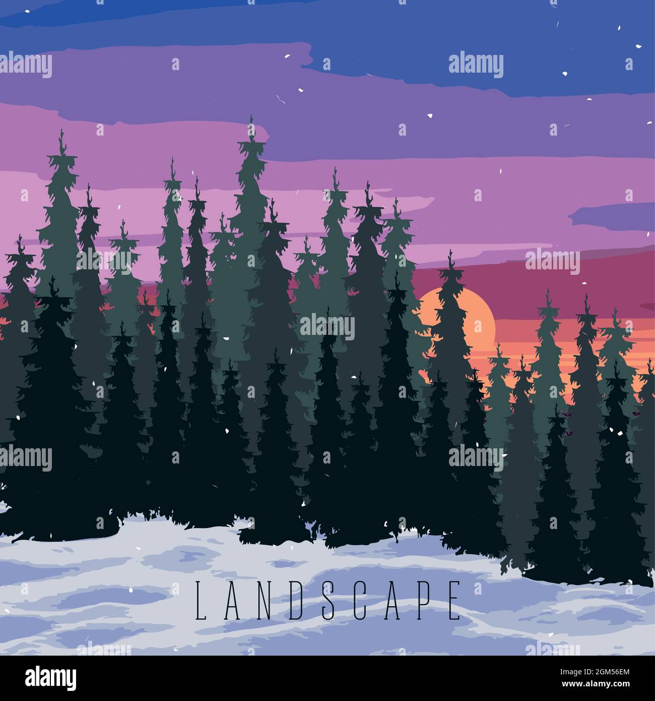 Landscape of a sunset with pine trees and snow Stock Vector Image & Art ...