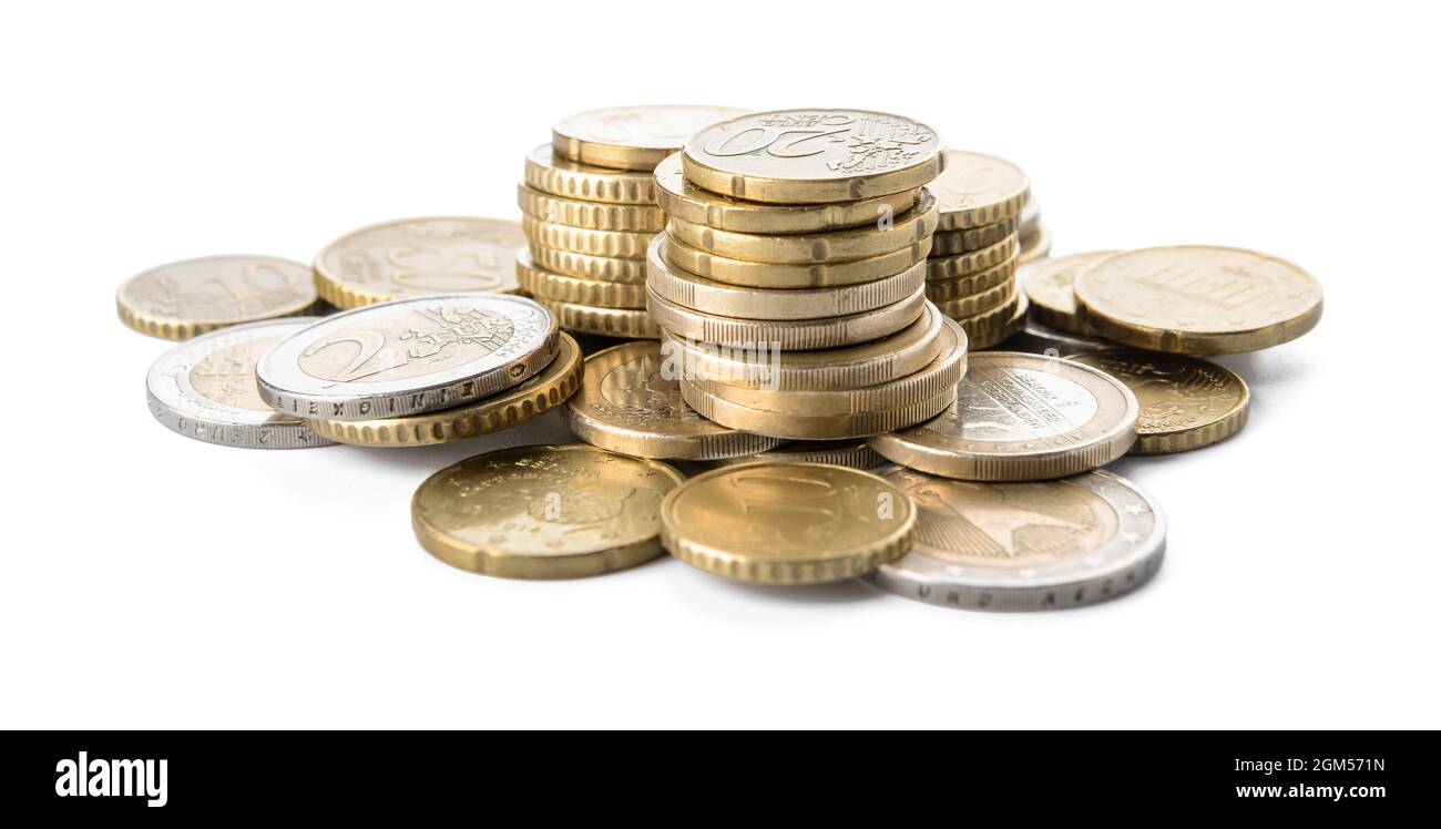Golden coins on white background Stock Photo - Alamy