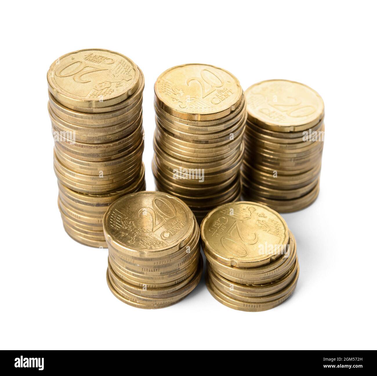 Golden coins on white background Stock Photo - Alamy